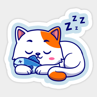 Cute Cat Sleeping With Fish Cartoon Sticker